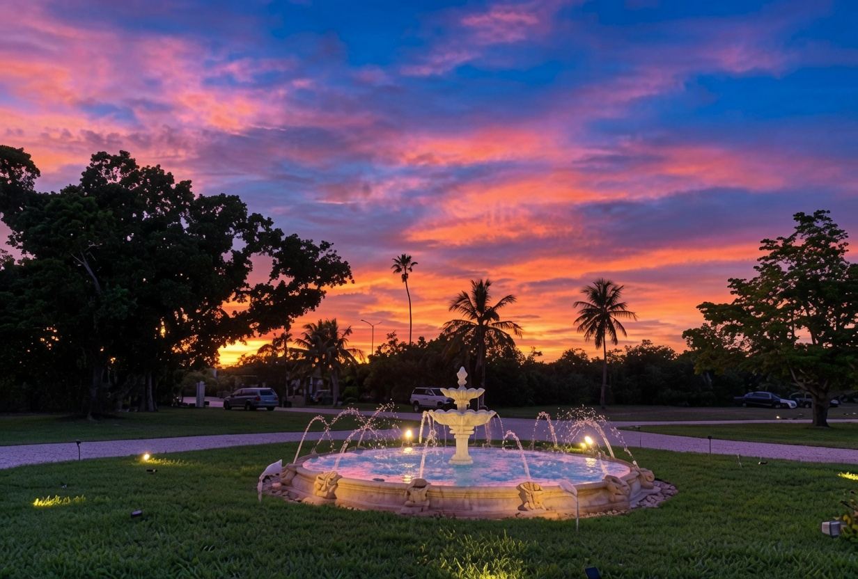 Sunset over the Thompson Island fountain and palms in Key West