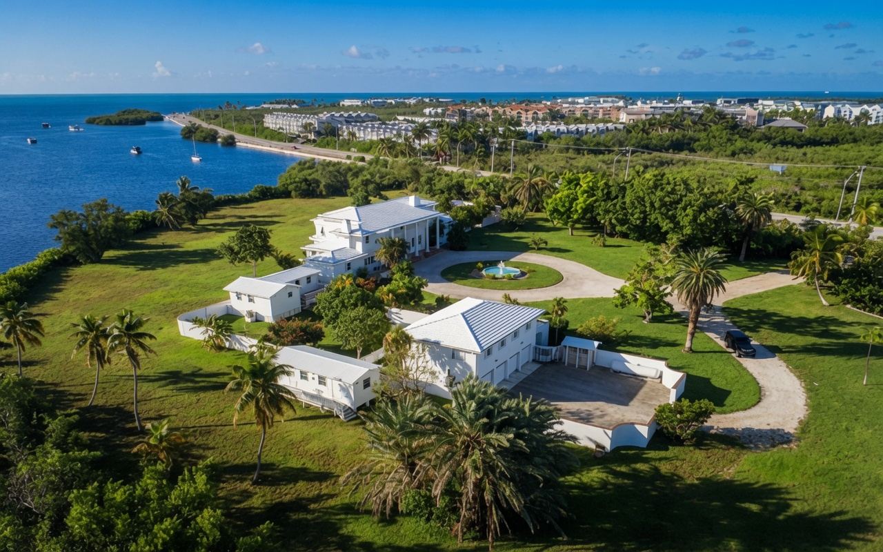 Aerial of Thompson Island private estate grounds, main house and guest cottages in Key West